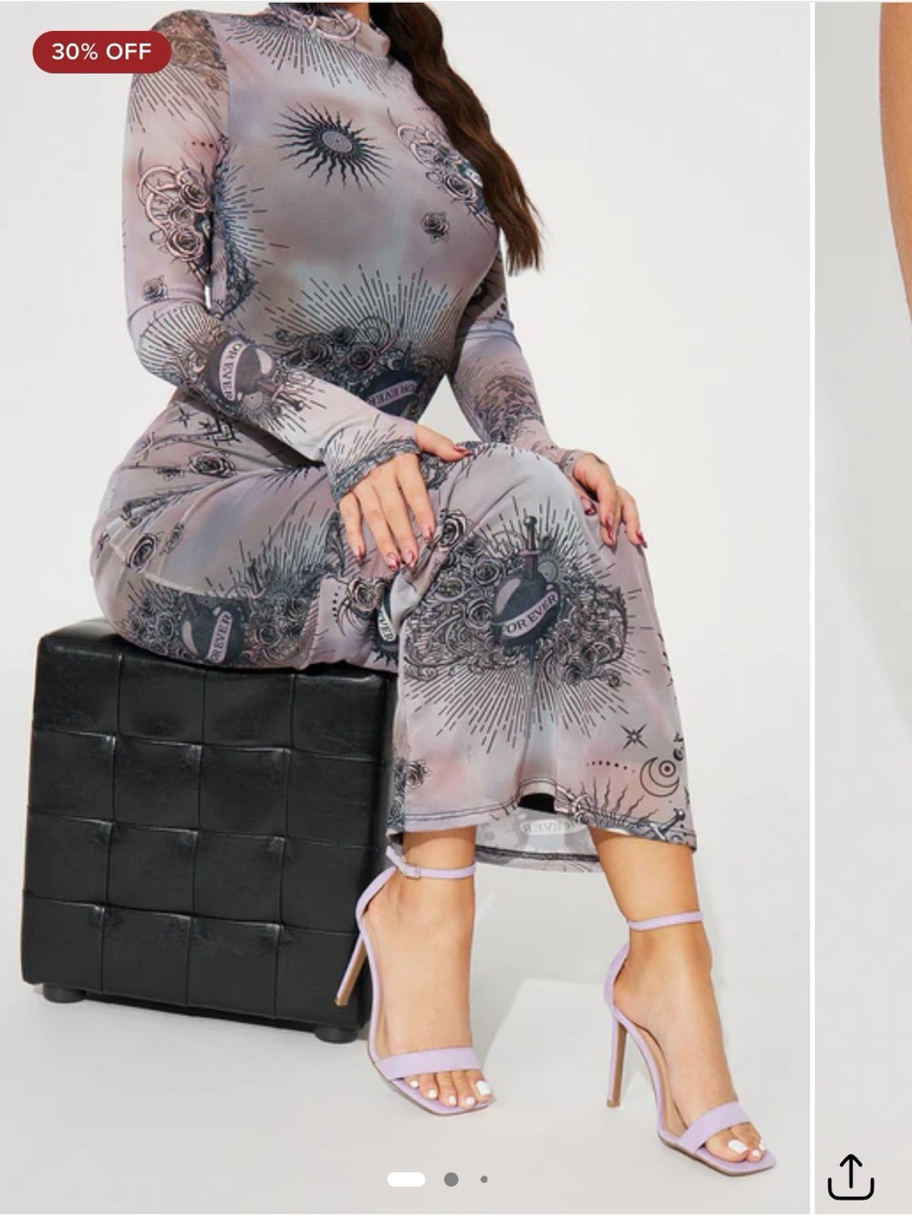 Fashion Nova Lavender Gray Sheer Tattoo-Print Maxi Dress